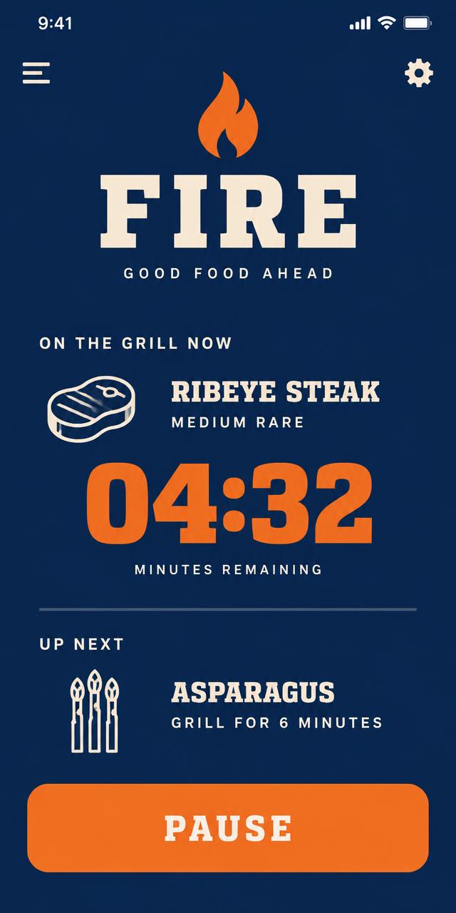 Fire mode showing the cut on the grill now, a large timer and what comes next