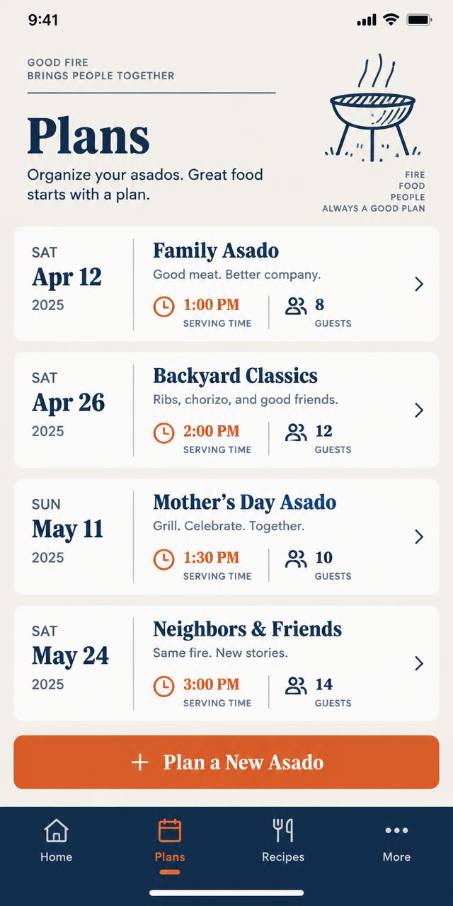 Plans screen listing upcoming asados with dates, serving times and guest counts