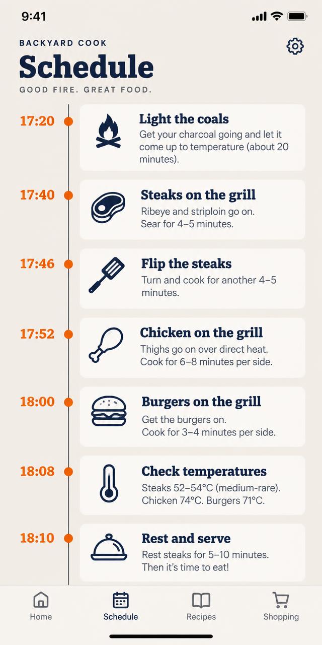 Schedule screen showing a timeline from lighting the coals to resting and serving